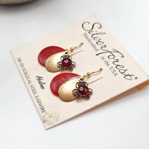 Silver Forest Delicate Layered Enamel Floral Garnet Drop Hook Earrings